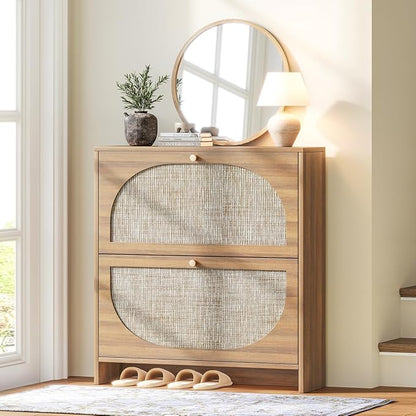 Nicetree Rattan Arched Accent Shoe Storage Cabinet - Freestanding Ultra Slim for Entryway, 2 Flip Drawers & 3-Tier Adjustable Shelves, Farmhouse Modern Rustic Shoe Rack for Hallway, Foyer, Living Room