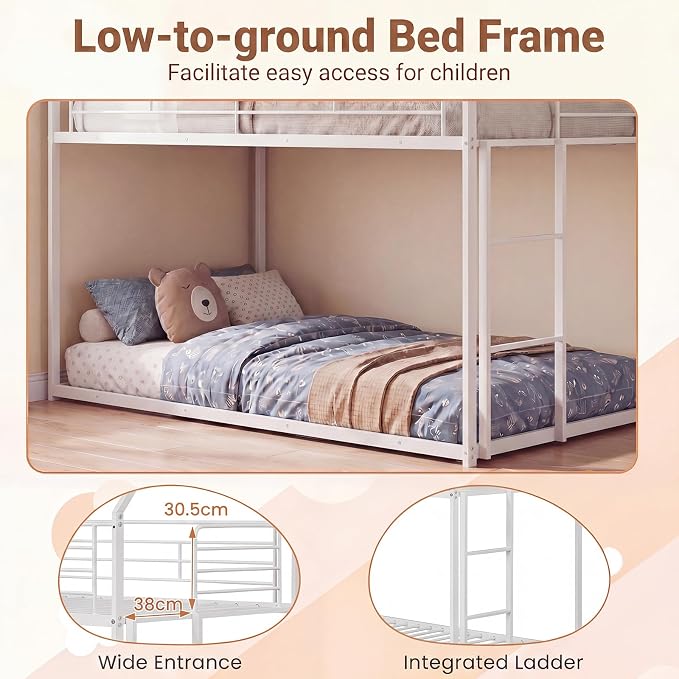 Giantex Twin Over Twin Metal Bunk Bed, House-Shaped Bunk Bed Frame with Safety Guardrail & Roof, Heavy-Duty Kids Floor Bed with Metal Slats for Boys Girls, No Box Spring Needed (White)