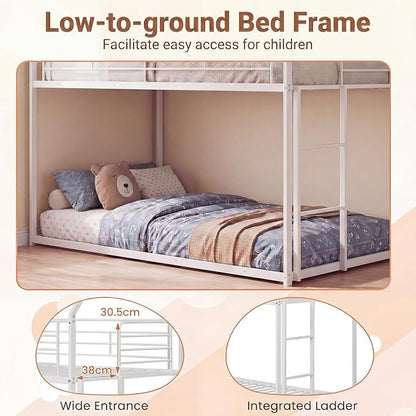 Giantex Twin Over Twin Metal Bunk Bed, House-Shaped Bunk Bed Frame with Safety Guardrail & Roof, Heavy-Duty Kids Floor Bed with Metal Slats for Boys Girls, No Box Spring Needed (White)
