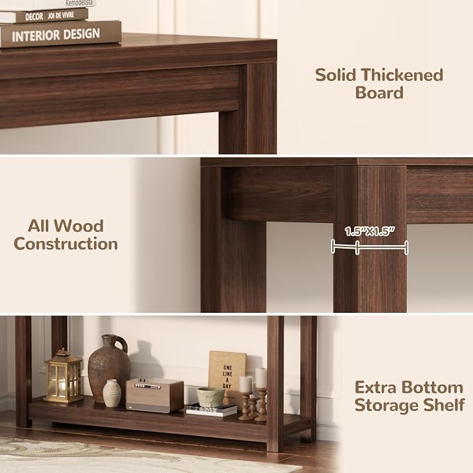 Besiost 47" Farmhouse Wood Entryway Table Narrow Console Table with Storage Behind Couch Sofa Table with Shelves Entry Way Tables with Open Storage, Easy Assembly, Black Walnut