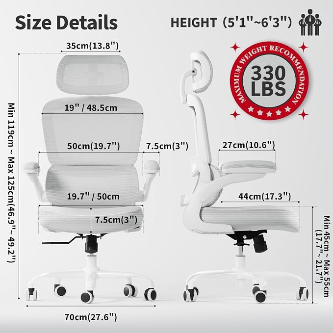 TRALT Ergonomic Office Chair - Desk Chair with Adjustable Headrest Lumbar Support Computer Chair - Mesh Comfy Chair with Flip-up Armrests - Gaming Chairs for Adults Home Office (Leather, White)