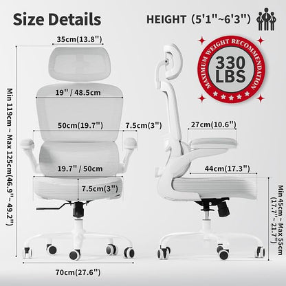 TRALT Ergonomic Office Chair - Desk Chair with Adjustable Headrest Lumbar Support Computer Chair - Mesh Comfy Chair with Flip-up Armrests - Gaming Chairs for Adults Home Office (Leather, White)