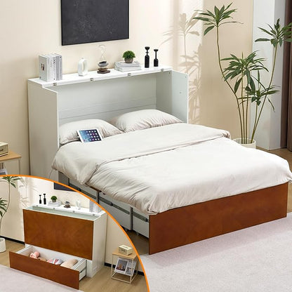VINGLI Full Murphy Bed with Storage Drawer,2 Charging Station,Rustic & Scandinavian Style Foldable Bed Cabinet,Hideaway Paltform Panel Bed for Small Room,Guest Room,Office,Apartment,Golden Brown