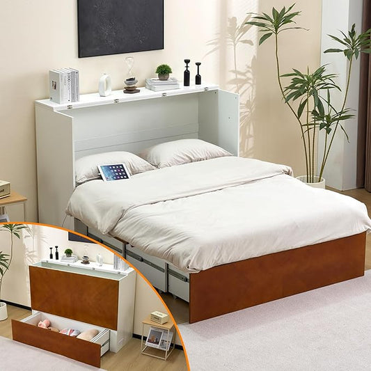 VINGLI Full Murphy Bed with Storage Drawer,2 Charging Station,Rustic & Scandinavian Style Foldable Bed Cabinet,Hideaway Paltform Panel Bed for Small Room,Guest Room,Office,Apartment,Golden Brown