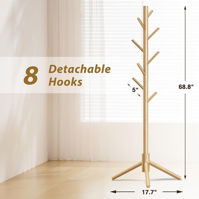 Coat Rack, Coat Racks Freestanding with 8 Hooks 3 Adjustable Heights for Clothes, Hats, Handbags, Coat Tree Easy Assembly for Entryway, Bedroom, Hallway, Office(Nature)
