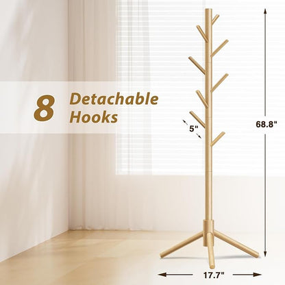 Coat Rack, Coat Racks Freestanding with 8 Hooks 3 Adjustable Heights for Clothes, Hats, Handbags, Coat Tree Easy Assembly for Entryway, Bedroom, Hallway, Office(Nature)