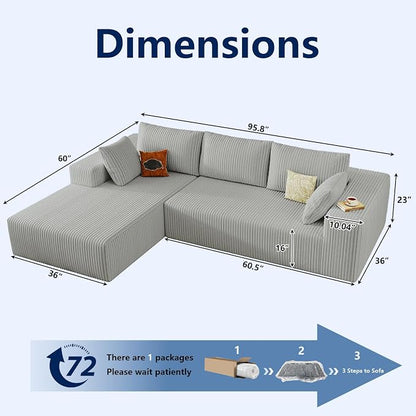 96" Modular Sectional Sofa, Modern Corduroy Cloud Couch with Deep Seat, Boneless Couch Upholstered 3-Seater L-Shaped Sofa for Living Room, No Assembly Required (Light Grey, Left-Facing Chaise)