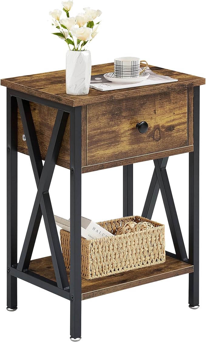 VECELO Nightstand,Modern Bedside End Table, Night Stand with Drawer and Storage Shelf for Living Room Bedroom, Industrial Metal Frame
