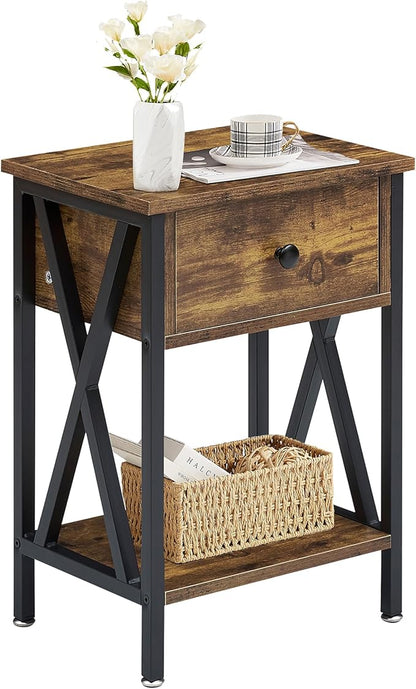 VECELO Nightstand,Modern Bedside End Table, Night Stand with Drawer and Storage Shelf for Living Room Bedroom, Industrial Metal Frame