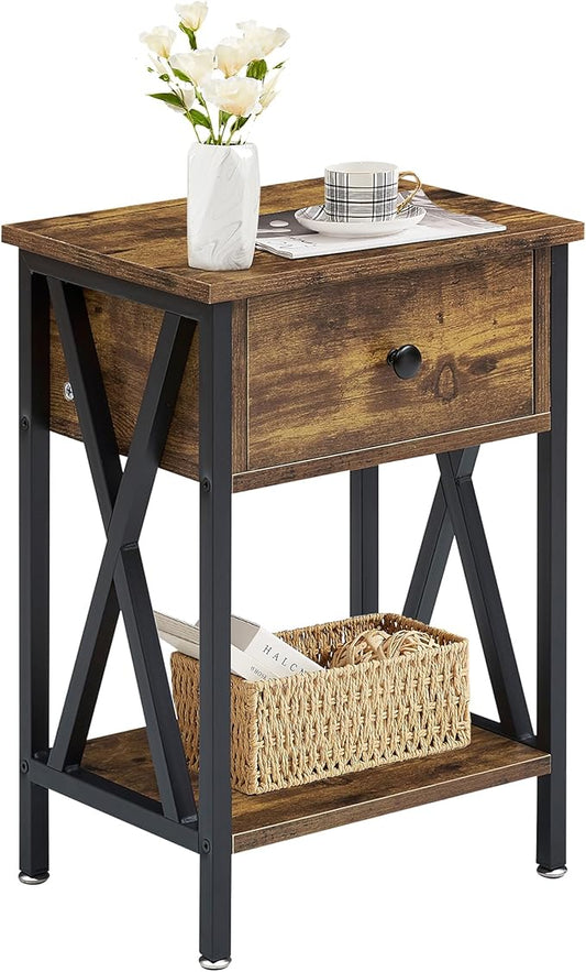 VECELO Nightstand,Modern Bedside End Table, Night Stand with Drawer and Storage Shelf for Living Room Bedroom, Industrial Metal Frame