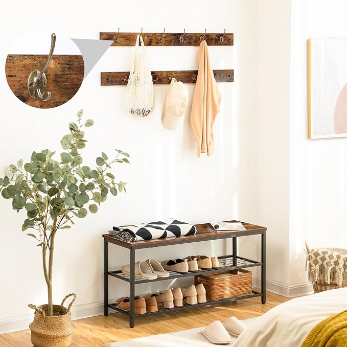 HOOBRO Hall Tree with Bench, Coat Rack Shoe Bench Set, Entryway Shoe Rack with Coat Hooks, Hall Tree, 39.4" L x 11.8" W x 18.1" H, Industrial, for Front Door, Rustic Brown BF071MT01G1