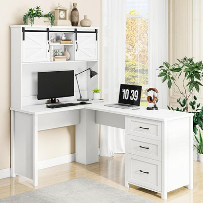 Vabches Farmhouse 68" H L Shaped Desk with Hutch,Office Table with 3 Drawers and Sliding Doors, Executive Desk with File Drawers, Wood Workstation for Home Office and Study.Cream White