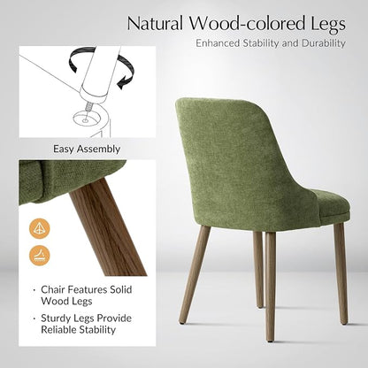 Upholstered Dining Chairs Set of 2, Fabric Dining Room Chairs with Curved Backrest, Solid Wood Legs, Modern Kitchen Chairs for Dining Room Living Room, Moss