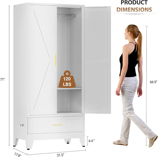 Metal Armoire Wardrobe Closet with Drawers, 71" Wardrobe Cabinet with Adjustable Shelves and Hanging Rod for Bedroom, White Metal Closet Storage Cabinet with 2 Doors & 1 Drawer