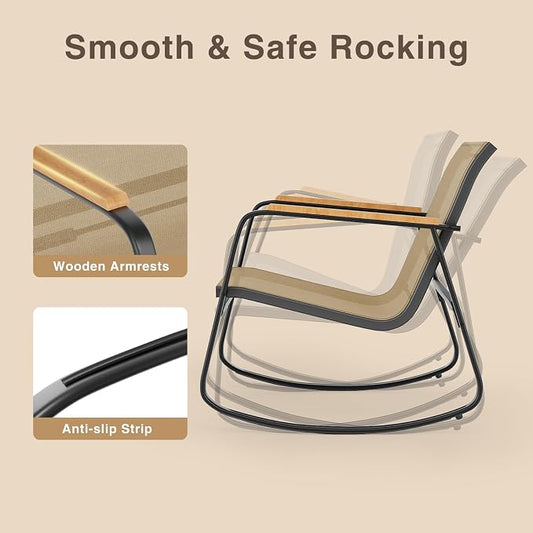 Ahomly 3-Piece Outdoor Rocking Bistro Set, Outdoor Patio Furniture Set with Textilene Fabric, Patio Rocking Chairs and Glass Table for Garden Balcony Backyard Poolside Brown