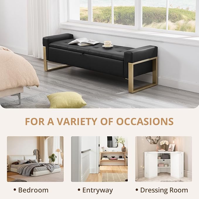 67'' End of Bed Storage Bench, Storage Ottoman Bench for Bedroom King Size, Modern Faux Leather Benches for Foot of Bed with Gold Legs for Window Living Room Entryway, Black