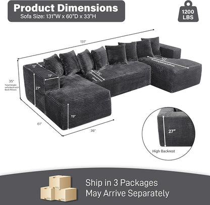 131" Oversized U Shaped Cloud Sectional Couches for Living Room, Comfy Fluffy Corduroy Dark Grey Boneless Sectionals Couch, Plush Memory Foam Modular Sectional Sofa with Chaise- 19" Seat Height