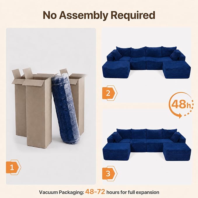 Claiks 132" Boneless Couch, Cloud Couch Sectional, U-Shape Corduroy Modular Sectional Sofa Deep Seat, Upholstered Couches for Living Room, No Assembly Required, Blue