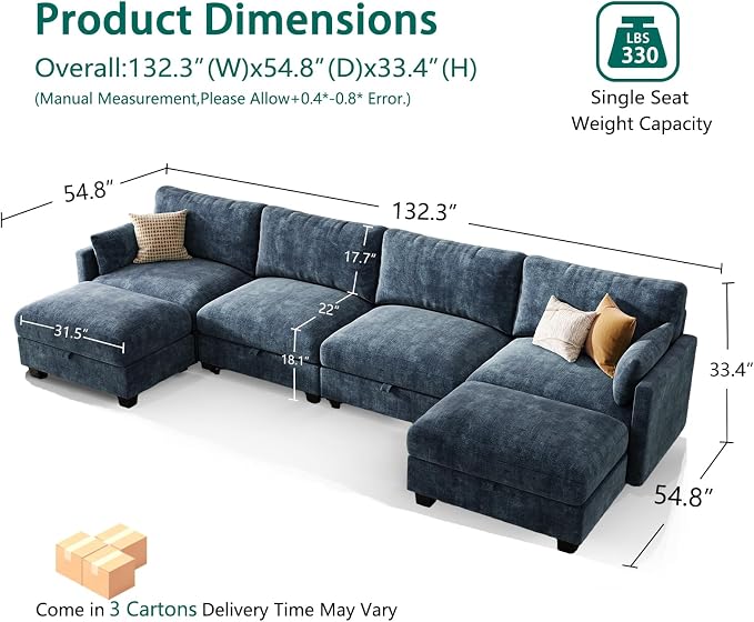 Modular Sectional U Shaped Sofa Couches for Living Room, Cloud Couch with Storage Ottoman, Comfy Chenille Sofa with Pillow, Blue
