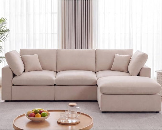 Modular Cloud Sectional Couches for Living Room, Large Modular Sectional Sofa with Ottoman, L Shaped 3 Seater Couch with Pillow, Beige - Chenille