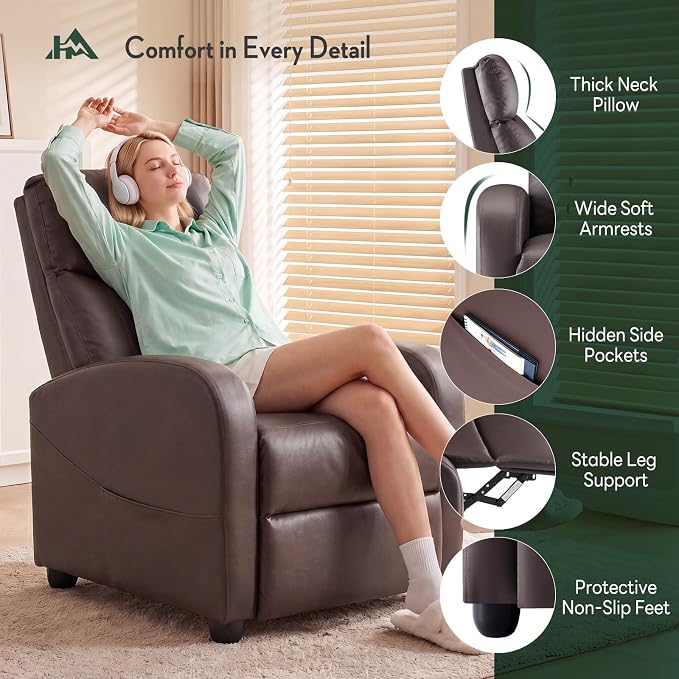 Recliner Chair, Recliner Sofa PU Leather for Adults, Recliners Home Theater Seating with Lumbar Support, Reclining Sofa Chair for Living Room, Brown