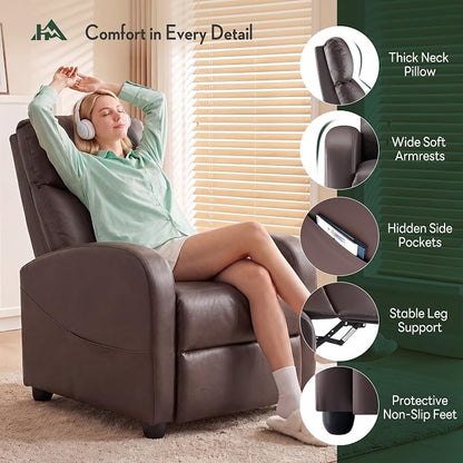 Recliner Chair, Recliner Sofa PU Leather for Adults, Recliners Home Theater Seating with Lumbar Support, Reclining Sofa Chair for Living Room, Brown