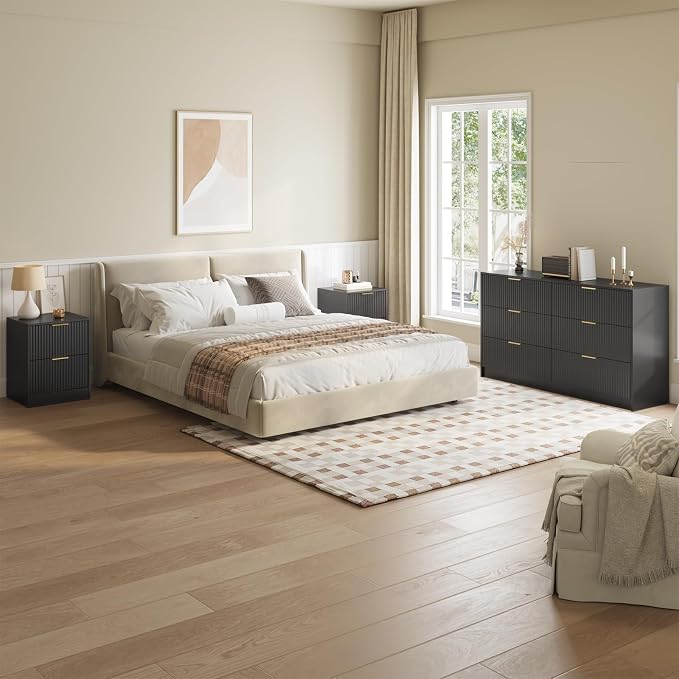 6 Drawer Dresser & Nightstand Set 3-Piece, 55” Wide Bedroom Dresser and Night Stand Set of 2 with Metal Handle, Fluted Modern Wood Chest of Drawers Storage Dressers Set for Bedroom, Black
