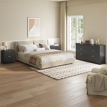 6 Drawer Dresser & Nightstand Set 3-Piece, 55” Wide Bedroom Dresser and Night Stand Set of 2 with Metal Handle, Fluted Modern Wood Chest of Drawers Storage Dressers Set for Bedroom, Black