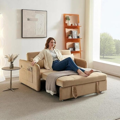 55.5" Velvet Convertible Sofa Bed, Pull Out Sleeper Sofa Bed, Loveseat Couch with USB Charging Ports, 3 in 1 Convertible Sleeper Sofa Bed for Living Room, Apartment, Bedroom, RV, Khaki
