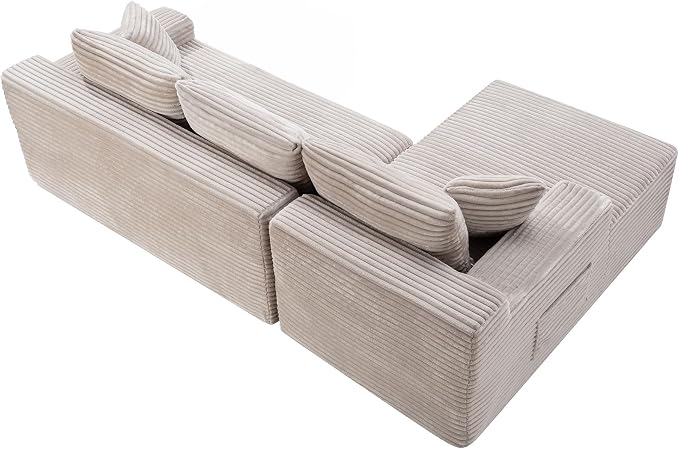 95" L-Shaped Left Facing Cloud Sectional Couch for Living Room, Modular Compressed Boneless Sectional Sofa Corduroy Boneless Corner Foam Sofa W/Chaise Lounge and Pillows
