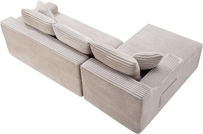 95" L-Shaped Left Facing Cloud Sectional Couch for Living Room, Modular Compressed Boneless Sectional Sofa Corduroy Boneless Corner Foam Sofa W/Chaise Lounge and Pillows