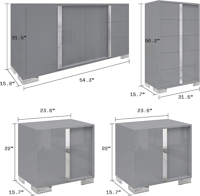 AMERLIFE 4 Piece Bedroom Dresser Set, Modern High Gloss UV Finish, 2 Nightstands, Chest of 5 Drawers & 6-Drawer Dresser, Electroplated Metal Handles, Bedroom Furniture Set, Grey