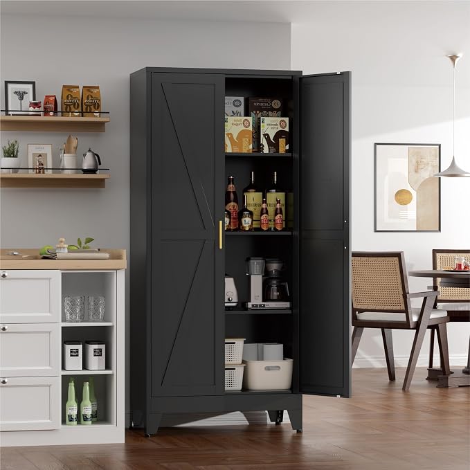 Farmhouse Pantry Cabinet with Barn Doors,61" H x 27.5" W,Metal Cabinet with Adjustable Shelves,4-Tier Storage Cabinet for Kitchen Dining Room Garage Office,Black 1 Pack