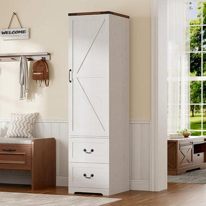 Armoire Wardrobe Closet with Reversible Hinge Doors and Adjustable Shelves, 71” Tall Farmhouse Narrow Wardrobe Closet with 2 Drawers and Hanging Rod, Rustic Wooden Armoire Closet for Bedroom, White