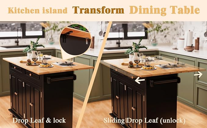 JassmiPkwy 51.2'' Rolling Kitchen Island Cart with Drop Leaf Countertop, Kitchen Carts on Wheels with Storage, 2 Drawers, Towel Rack Island for Dining Room, Black