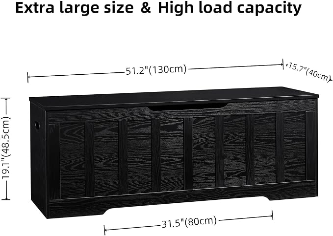VANKILEY 51.2" Storage Chest Extra Large,Storage Bench with 2 Safety Hinges,Shoe Bench,51.2 * 15.7 * 19.1 inches,Wooden Trunk for Bedroom,livingroom,entryway,Supports 220 lb,Easy Assembly(Black).