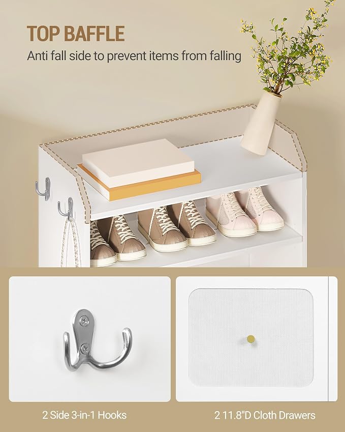 Hzuaneri Shoe Storage Cabinet, 10 Tiers Shoe Cabinet with 2 Cloth Drawers, Wooden Freestanding Shoes Organizer with 2 Hooks, 30-35 Pairs, Shoes Cubby Organizer for Entryway, White SR56303MI