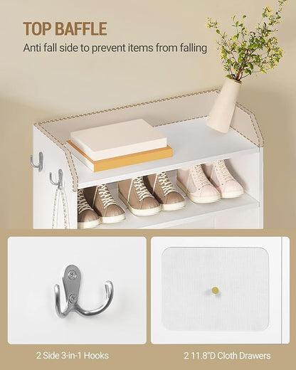 Hzuaneri Shoe Storage Cabinet, 10 Tiers Shoe Cabinet with 2 Cloth Drawers, Wooden Freestanding Shoes Organizer with 2 Hooks, 30-35 Pairs, Shoes Cubby Organizer for Entryway, White SR56303MI