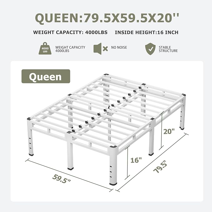 NKZ 20 Inch Queen Size Bed Frame, Metal Bed Frame & Box Spring 2 in 1 Platform with Round Corner Legs, 4000lbs Weight Capacity Reinforced Metal Frame, Headboard Hole, Noise-Free, Easy Assembly.