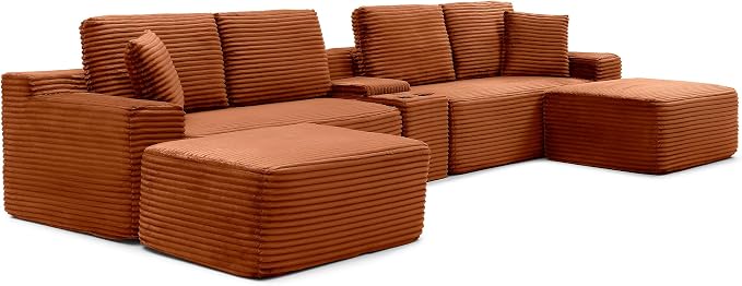 ivoros 125 Inch Modular Sectional Sofa Couch, Oversized Modern Cloud Couch for Living Room, U Shape Couches with 2 Ottomans, USB Ports and Cup Holders, Orange Corduroy Boneless Sofas, Sofa in a Box