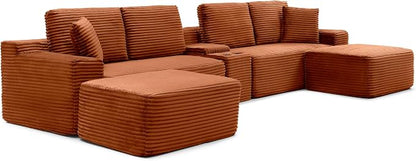 ivoros 125 Inch Modular Sectional Sofa Couch, Oversized Modern Cloud Couch for Living Room, U Shape Couches with 2 Ottomans, USB Ports and Cup Holders, Orange Corduroy Boneless Sofas, Sofa in a Box