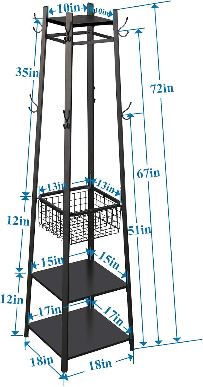 VECELO Coat Rack Freestanding,Hall Tree with Metal Basket and Storage Shelves,Industrial Coat Rack Stand with 8 Hooks for Hanging Coats/Hats/Bags/Umbrellas,18 x 18 x 72 In,Matte Black