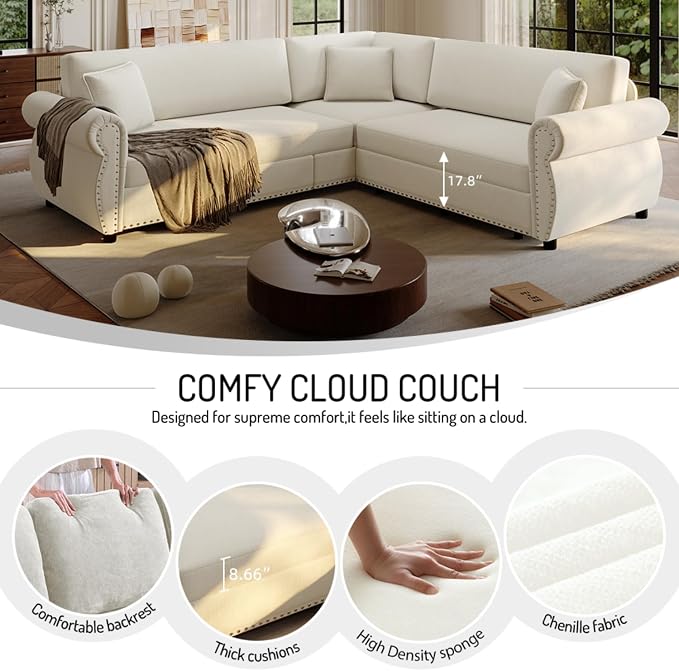 88.2" Sectional Sleeper Sofa with Pull Out Bed - Oversize L-Shaped Convertible Sleeper Couch Bed, Button Tufted Chesterfield Sofa, Chenille Vintage Couches for Living Room/Apartment(4-Seater, Beige) | Pull Out Couch Bed