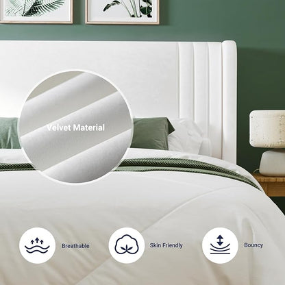 Allewie King Size Velvet Platform Bed Frame with Vertical Tufted Wingback Headboard, Easy Assembly, Under Bed Storage, No Box Spring Required, Modern Style, White