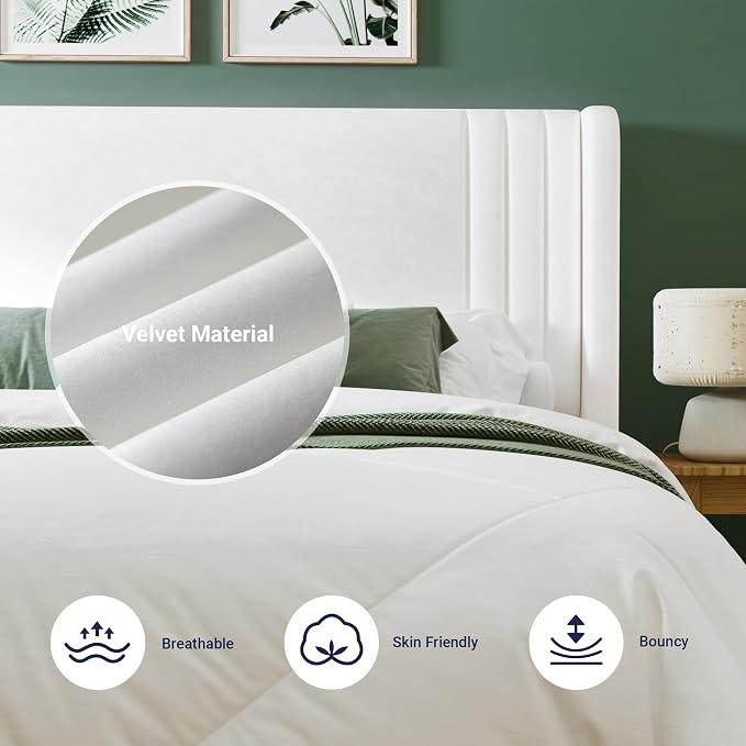 Allewie Full Size Velvet Platform Bed Frame with Vertical Tufted Wingback Headboard, Easy Assembly, Under Bed Storage, No Box Spring Required, Modern Style, White