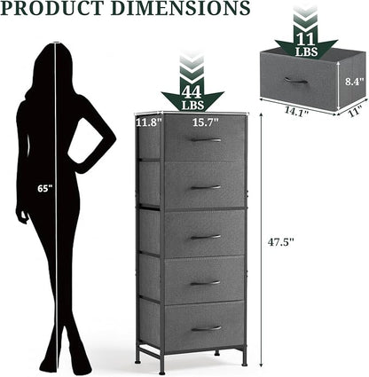5 Drawers Dresser for Bedroom, Fabric Storage Tower Organizer with Wooden Top and Steel Frame, Tall Chest of Drawers for Closet, Entryway, Dorm, Gray
