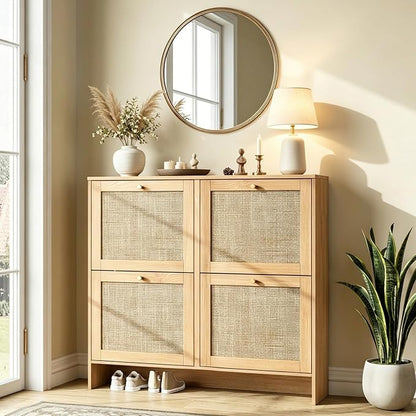 Nicetree Modern Rattan Shoe Cabinet, 4 Flip Drawers & Adjustable Shelves, Ultra Slim Freestanding (9.5” Deep), Holds 24+ Pairs, Narrow Shoe Storage Cabinet with Anti-Tip Safety,Sun-Drenched Ambe