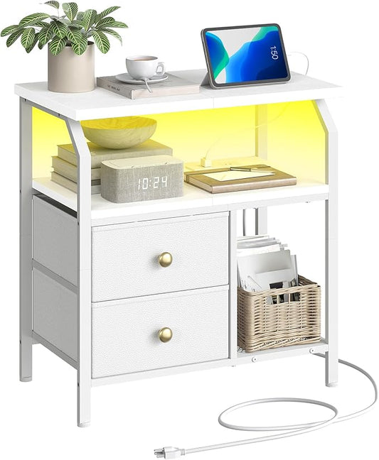 HOOBRO 23 inch Wide Nightstand with Charging Station and LED Light, Night Stand with 2 Fabric Drawers, Bedside Table, Dresser with Open Storage Shelf, End Side Table for Bedroom, White WT160UDBZ01