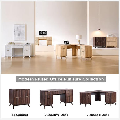 T4TREAM Fluted Executive Desk with Drawers, 60" Modern Home Office Computer Desk with Charging Station, File Cabinet, Keyboard Tray and Storage Cabinet for Study, Living Room, Bedroom, Dark Walnut