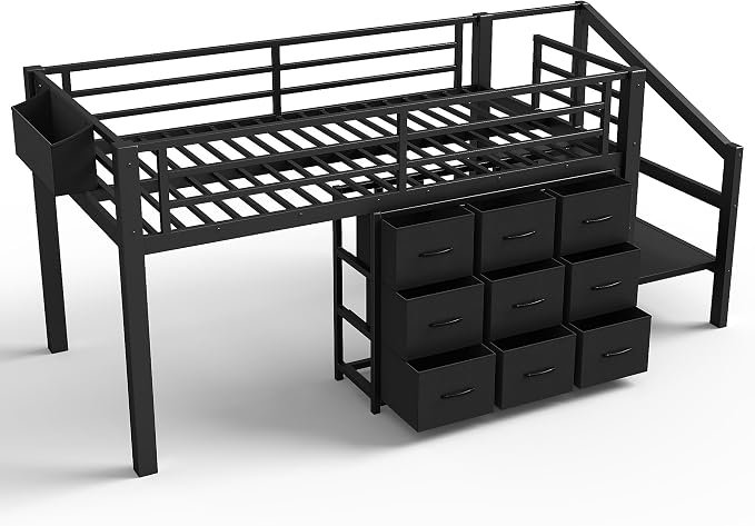 Bellemave Twin Size Loft Bed with 9 Non-Woven Fabric Storage Drawers, Low Loft Bed with Stairs and Lights, Twin Loft Beds with High Rails, Noise Reduced Black